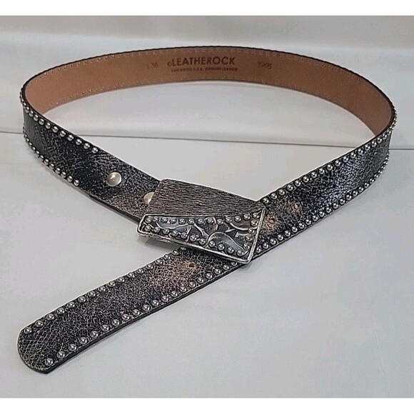 VTG Leatherock Studded Leather Belt Silver Geometric Buckle Black Distressed L36 main image 9